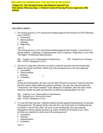 Test Bank For Pharmacology A Patient-Centered Nursing Process Approach 10th Edition