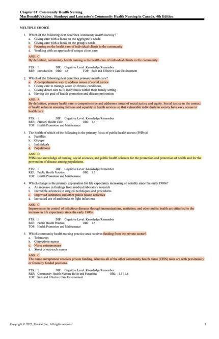 Test Bank For Stanhope and Lancasters Community Health Nursing in Canada 4th Edition 