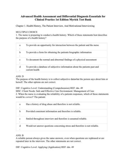 Test Bank For Advanced Health Assessment and Differential Diagnosis 1st Edition