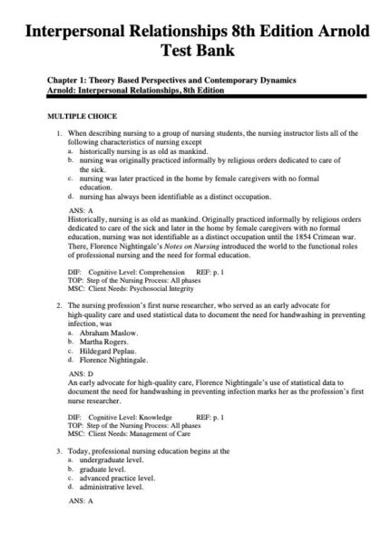 Test Bank For Interpersonal Relationships Professional Communication Skills for Nurses
