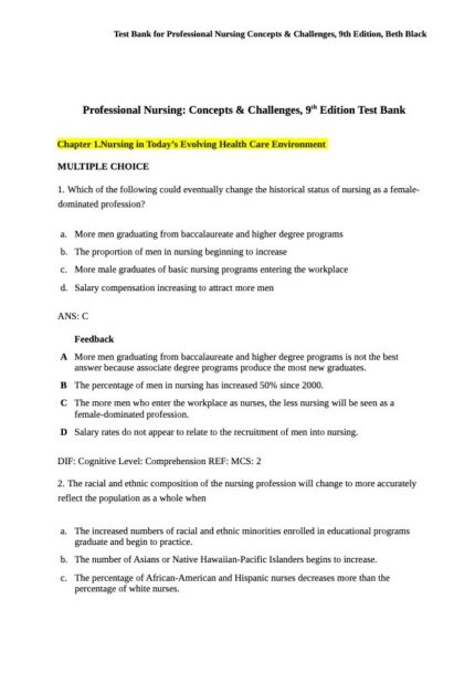 Test Bank For Professional Nursing Concepts & Challenges 9th Edition