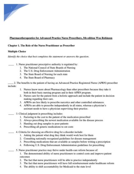 Test Bank For Pharmacotherapeutics for Advanced Practice Nurse Prescribers 5th Edition
