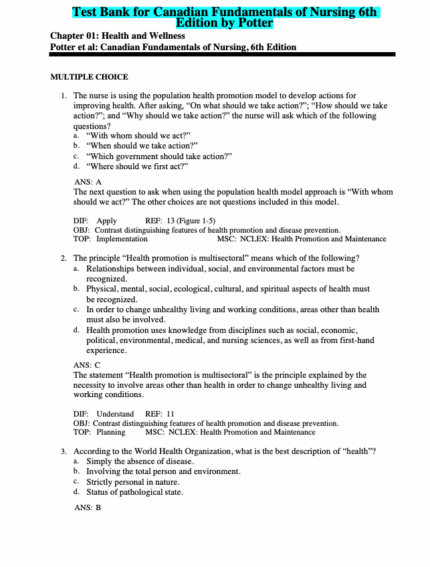 Test Bank For Canadian Fundamentals of Nursing 6th Edition1