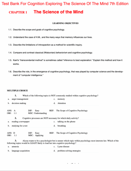 Test Bank For Cognition Exploring The Science Of The Mind 7th Edition1