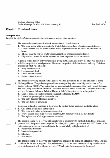 Test Bank For Davis Advantage for Maternal-Newborn Nursing 4th Edition1