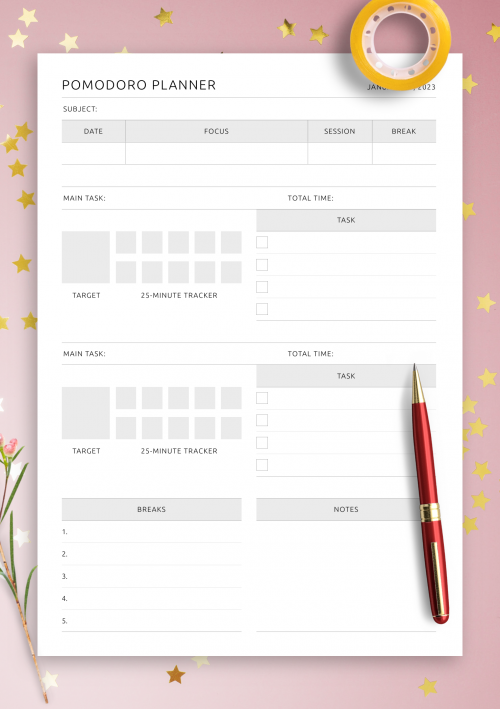 Pomodoro planner printable
