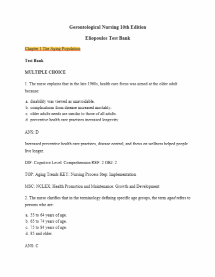 Test Bank For Gerontological Nursing 10th Edition Eliopoulos 1