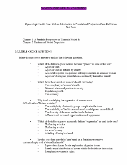 Test Bank For Gynecologic Health Care With an Introduction to Prenatal and Postpartum Care 4th Edition 1