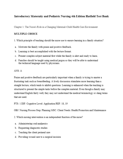 Test Bank For Introductory Maternity and Pediatric Nursing 4th Edition Hatfield 1