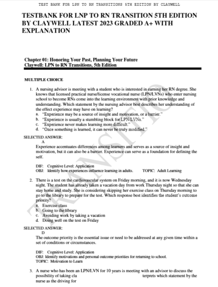 Test Bank For LPN to RN Transitions 5th Edition 1