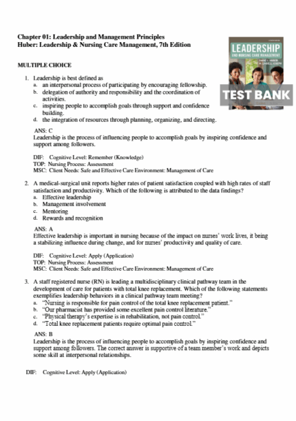 Test Bank For Leadership & Nursing Care Management 7th Edition1