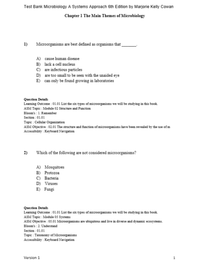 Test Bank For Microbiology A Systems Approach 6th Edition by Marjorie Kelly Cowan1