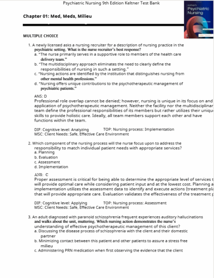 Test Bank For Psychiatric Nursing 9th Edition Keltner 1