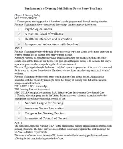 Test Bank For Fundamentals of Nursing 10th Edition Potter Perry 1