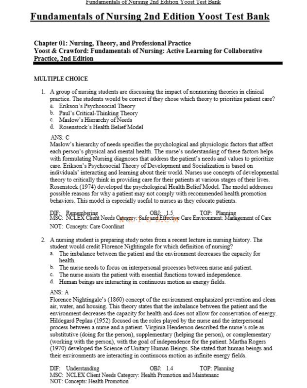 Test Bank For Fundamentals of Nursing 2nd Edition Yoost1