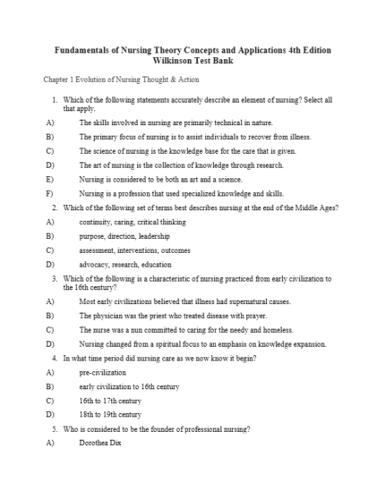 Test Bank For Fundamentals of Nursing Theory Concepts and Applications 4th Edition Wilkinson 1