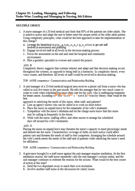 Test Bank For Leading and Managing in Nursing, 8th Edition 1