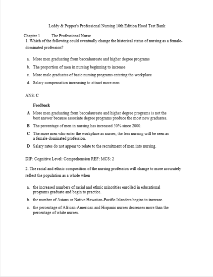 Test Bank For Leddy Peppers Professional Nursing 10th Edition Hood 1