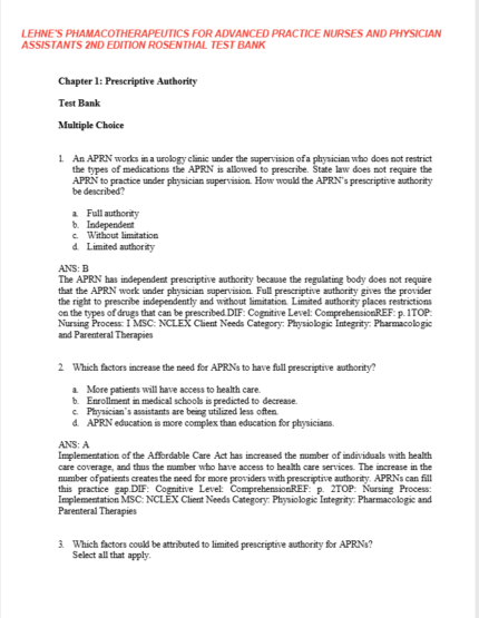 Test Bank For Lehne's Phamacotherapeutics For Advanced Practice Nurses And Physician Assistants 2nd Edition Rosenthal 1