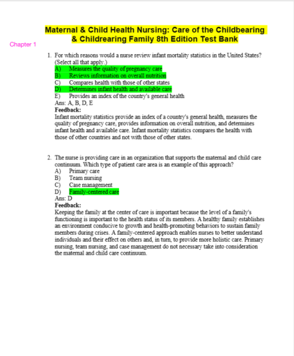 Test Bank For Maternal & Child Health Nursing Care of the Childbearing & Childrearing Family 8th Edition 1