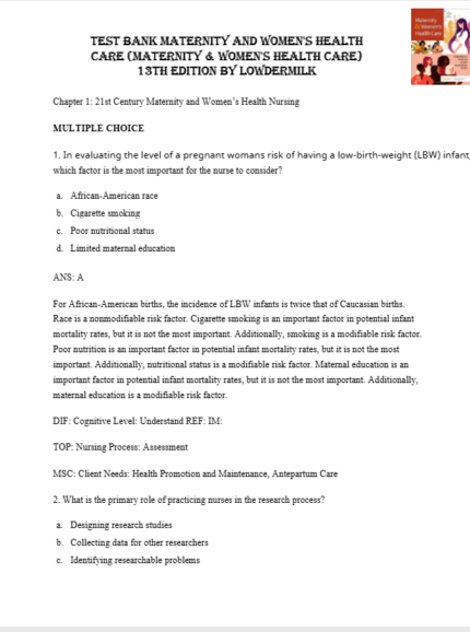 Test Bank For Maternity And Women's Health Care 13th Edition By Lowdermilk1