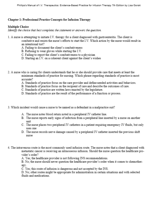 Test Bank For Phillips's Manual Of I.v. Therapeutics Evidencebased Practice For Infusion Therapy 7th Edition By Lisa Gorski1